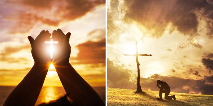 Persona orando al lado de una cruz